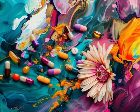 Create a vibrant and colorful artwork inspired by the ingredients in Cetirizine tablets