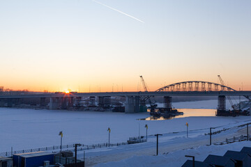 Winter sunset on the Embankment. Ufa city, Republic of Bashkortostan