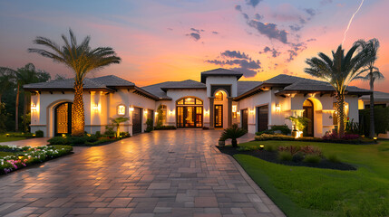 Luxury home during twilight golden hour with pink and blue sky ,A large house with a walkway...