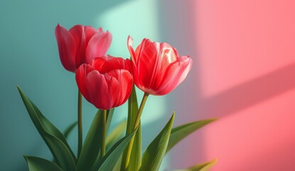 Fototapeta premium Vibrant Red Tulips in Vase Against Blue and Pink Wall, Spring Floral Arrangement Background