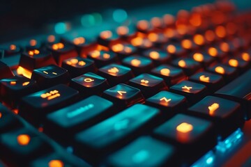 A closeup shot of a keyboard, highlighting the glowing keys that are essential for bringing digital creations to life