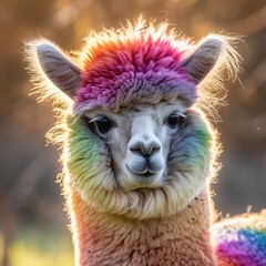 Fototapeta premium Portrait of an rainbow colored alpaca in the field. Alpaca portrait.