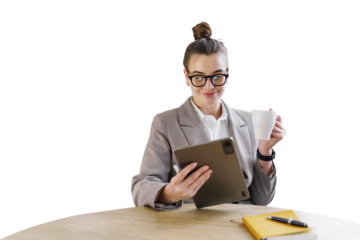 A female secretary in formal attire uses a tablet, a friendly office employee workplace. Transparent background.