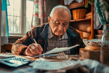 An elderly man sits at a table and looks at receipts. - Powered by Adobe
