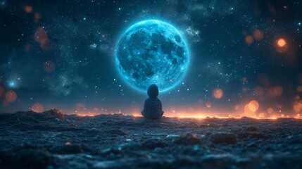 a person sitting in the middle of a field looking at the sky with a bright blue moon in the background.