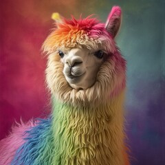 Fototapeta premium Funny alpaca on a colorful background. Alpaca in the form of a rainbow.