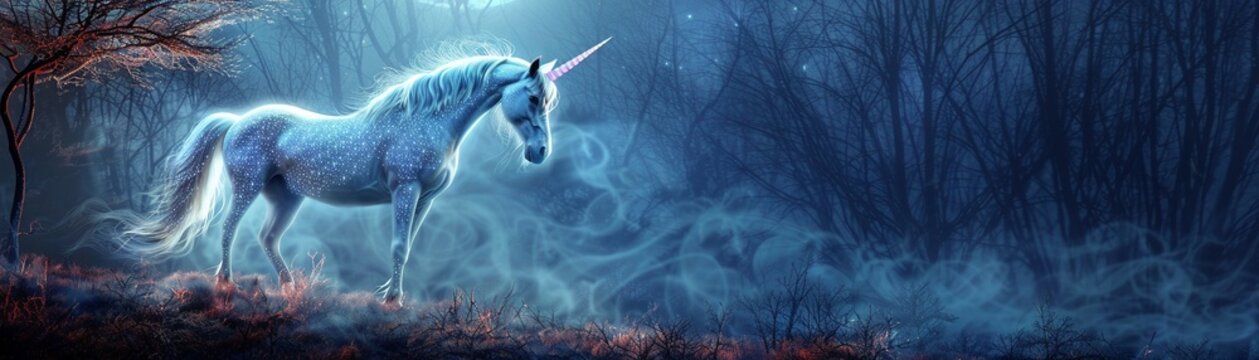 A graceful spiraled unicorn with bioluminescent fur standing in a moonlit forest