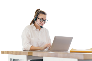 Consultation center The consultant operator talks a call with the client using a headset and headphones in the company. Transparent background.