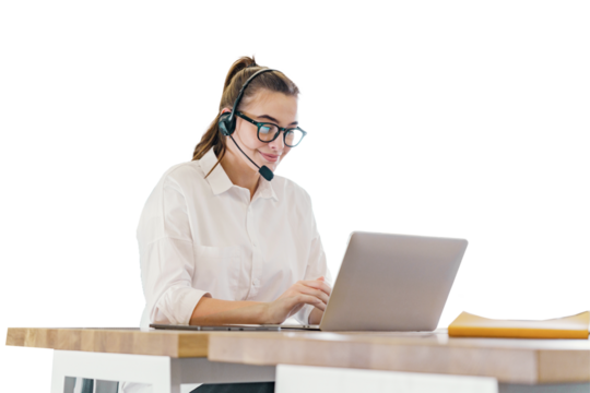 Consultation center The consultant operator talks a call with the client using a headset and headphones in the company. Transparent background. - Powered by Adobe