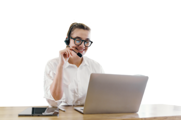 A female consultant operator is talking a call with a client using a headset and headphones office employee workplace. Transparent background.