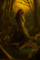 Portrait fantasy red-haired woman mermaid siren, vintage old historical style, dark forest...