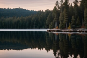 Fototapeta premium a serene lakeside cabin nestled among towering pine trees | lake bled country | sunset on the lake | lake in the mountains