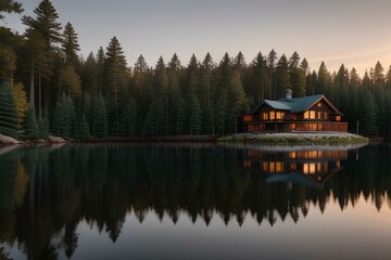a serene lakeside cabin nestled among towering pine trees | lake bled country | sunset on the lake | lake in the mountains