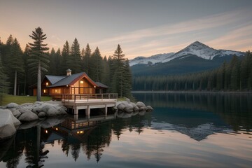 Fototapeta premium a serene lakeside cabin nestled among towering pine trees | lake bled country | sunset on the lake | lake in the mountains