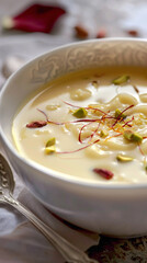 A bowl of creamy rasmalai discs floating in thickened milk, garnished with saffron strands, chopped pistachios, and silver vark, delicious food style, blur background, natural look - obrazy, fototapety, plakaty