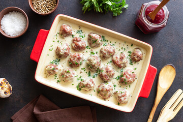 Swedish meatballs in cream sauce. Swedish cuisine. Recipe.