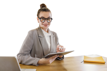 A female manager in formal attire uses a tablet, a friendly office employee workplace. Transparent background.