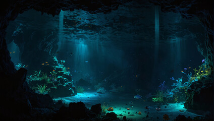 A dark underwater cave with a bright light in the center.

