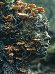 Otherworldly surreal scene depicting a head consumed by cordyceps fungi, symbolizing the beauty and terror of nature's cycles.