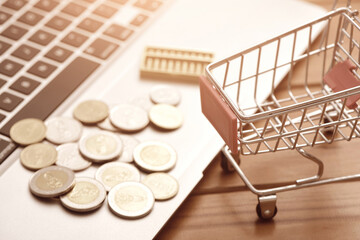 Abacus, coins, and shopping cart placed on a laptop