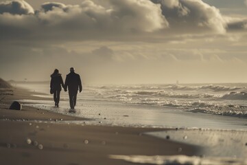 Couple walks on beach listening to music, enjoying sound of waves - canon eos 5d mark iv photo - Powered by Adobe