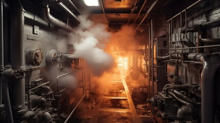 The smoke-filled engine room onboard poses a significant fire hazard, especially concerning the machinery and equipment located within the vicinity.
