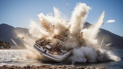 The boat explosion scatters debris extensively across the area, leaving wreckage strewn throughout the vicinity in the aftermath of the blast.
