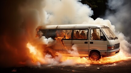 tourist minibus vehicle is being consumed by smoke and flames, creating a scene of chaos and danger on the road.
