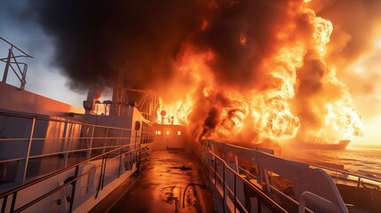 fire emergency onboard a ship poses a significant maritime hazard as flames engulf the vessel, requiring immediate action and response to mitigate risks
 - obrazy, fototapety, plakaty