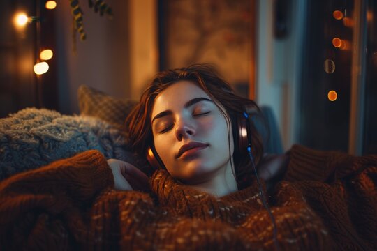 Young woman enjoying music in cozy home corner, high-quality canon eos 5d mark iv photo