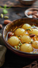 A bowl of spongy rasgullas soaked in cardamom-infused sugar syrup, served chilled and garnished with saffron strands and chopped nuts, delicious food style, blur background, natural look