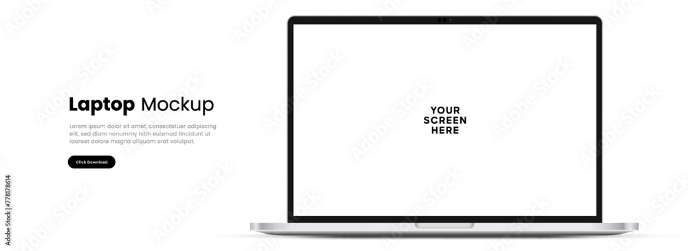 Poster Modern laptop mockup front view on white background. Notebook mockup device mockup for ui ux app and website presentation Stock Vector.