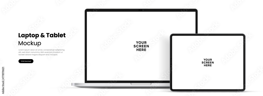 Aufkleber Modern laptop mockup front view and high quality smartphone and tablet mockup isolated on white background. Notebook mockup and phone device mockup for ui ux app and website presentation.Stock Vector.
