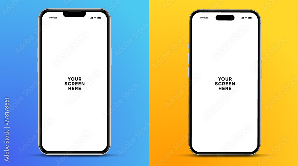 Poster 3D realistic high quality smartphone mockup with isolated background. Smart phone mockup collection. Device front view. 3D mobile phone with shadow on white background.