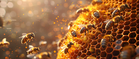 Honey bees swarming around a vibrant, intricate honeycomb structure, macro lens, soft lighting, photorealistic.