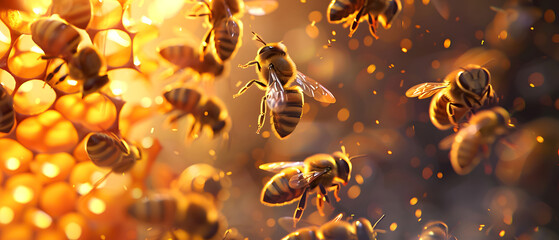 Honey bees swarming around a vibrant, intricate honeycomb structure, macro lens, soft lighting, photorealistic.