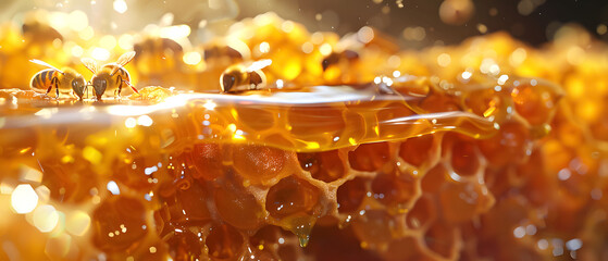 Honey bees swarming around a vibrant, intricate honeycomb structure, macro lens, soft lighting, photorealistic. - obrazy, fototapety, plakaty