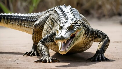 A-Crocodile-With-Its-Tail-Arched-Ready-To-Strike- - obrazy, fototapety, plakaty