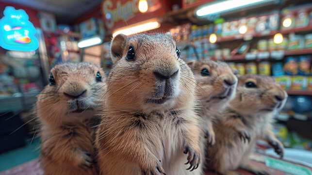 Five curious prairie dogs in a colorful store, peering into the camera.