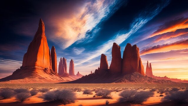 A steel sky over a rocky desert. Fantastic landscape with mysterious formations on a desert planet. Creative, AI Generated