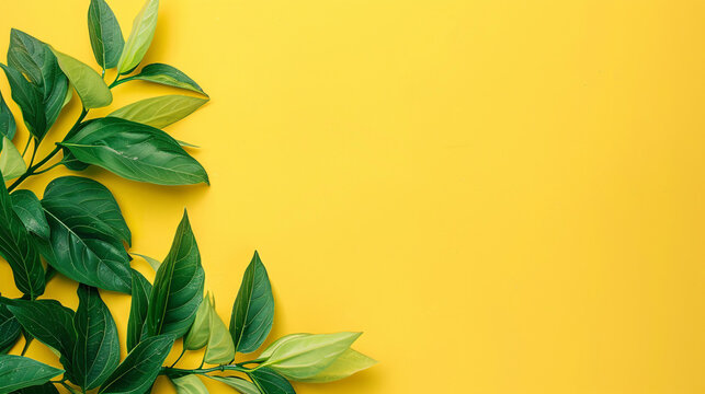 Green leaves on a vibrant yellow background