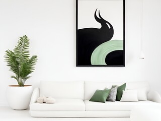 White Sofa with Vibrant Green Pillow in a Modern Living Room Interior, Featuring a Plant, White Wall, and Artistic Wall Decor
