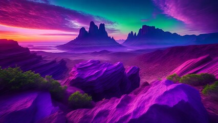 Purple rocks against a green sky. Amazing view of unique geological formations on a fantastic planet. Creative, AI Generated - obrazy, fototapety, plakaty