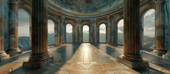 A grand hall with towering pillars and a central dome - obrazy, fototapety, plakaty