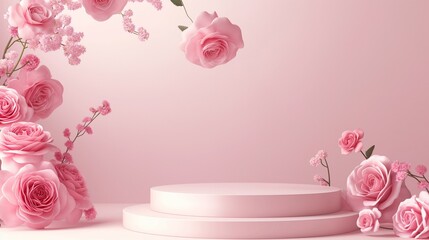 Podium mockup,pastel podium for product display,rose flower background,3d render