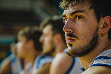 Players in row wearing sports uniform one player with beard