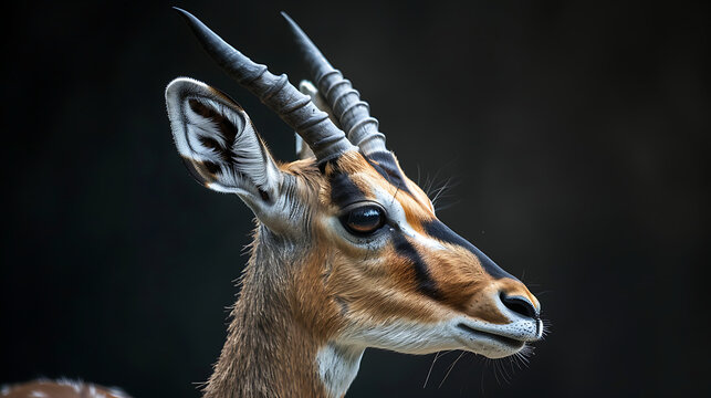 a gazelle in close-up. Against a dark background, the gazelle’s features come to life