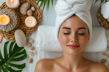 Young woman enjoying a peaceful spa day with a top view of wellness essentials, embodying...