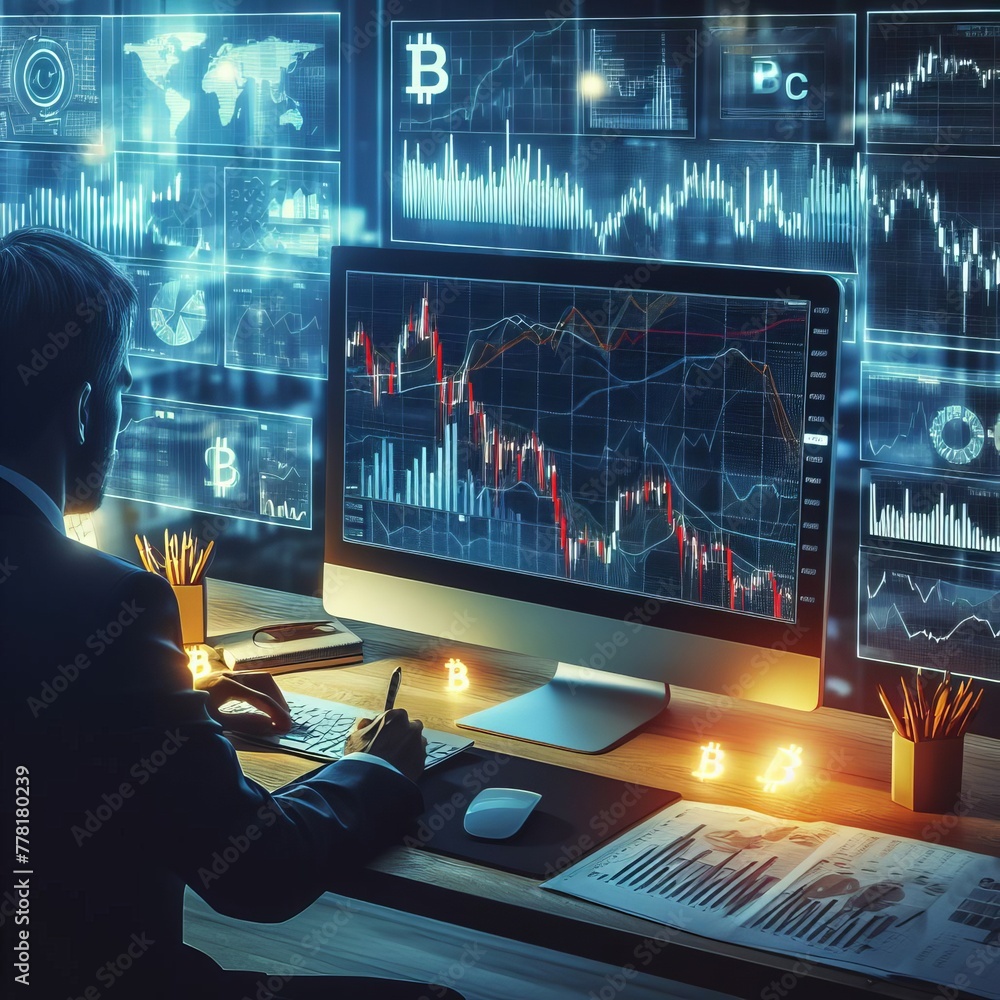 Poster an analyst examines complex cryptocurrency data on multiple monitors. this image captures the intens