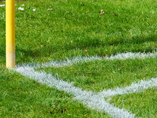 Green football grass turf with white markings and yellow corner pole, copy and text space